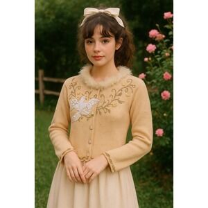 Storybook Knits Holiday Dove Cardigan Women's S Vtg Novelty Grandmacore Kidcore